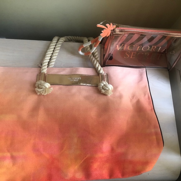 New Victoria’s Secret Orange and Ombré Gold Tote & Sunset Striped Wristlet - Picture 1 of 7